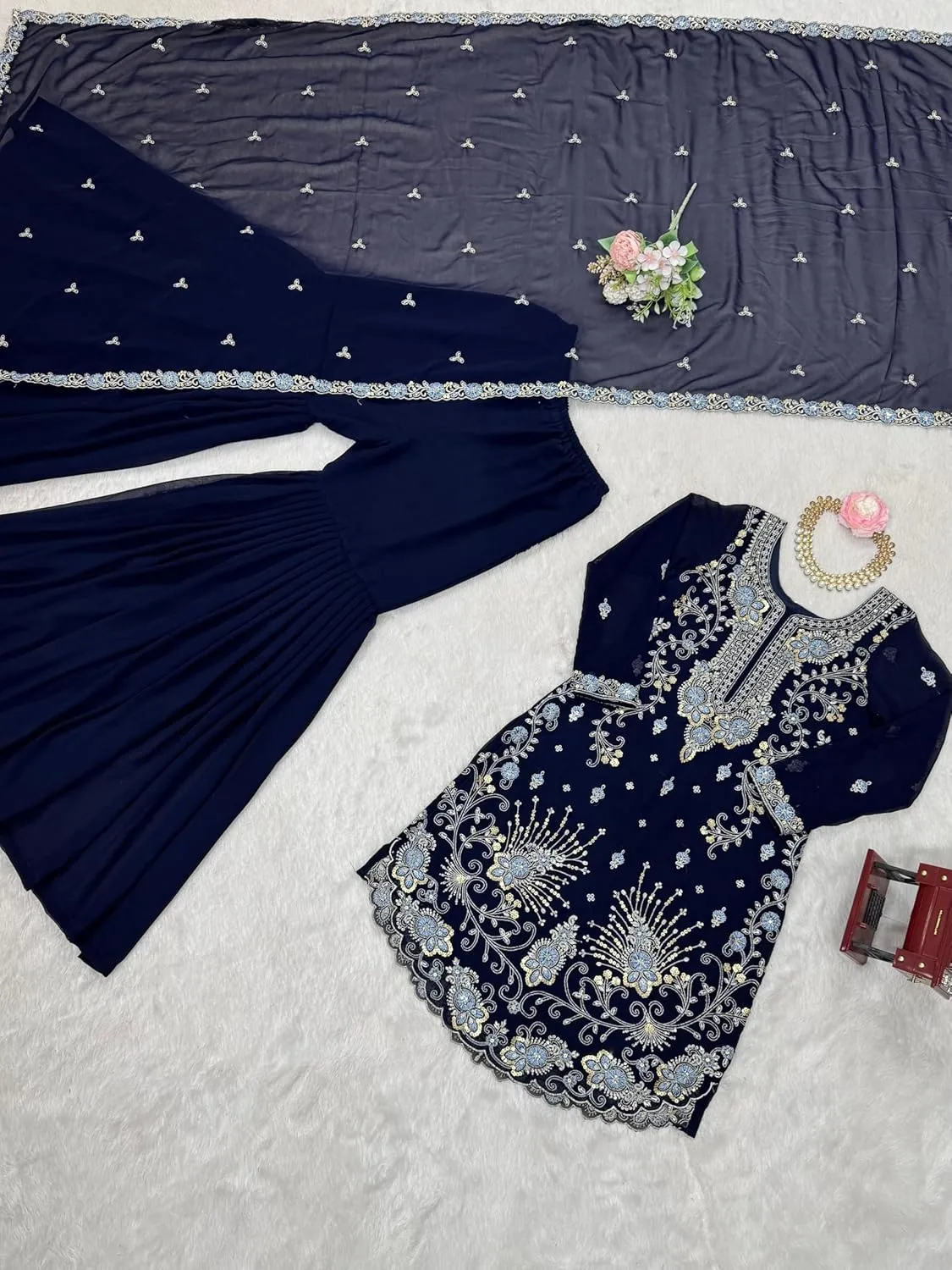Women's Faux Georgette Embroidered Sharara Suit Set with Dupatta | Thread & Sequins Work | Front-Back Work | Party Wear