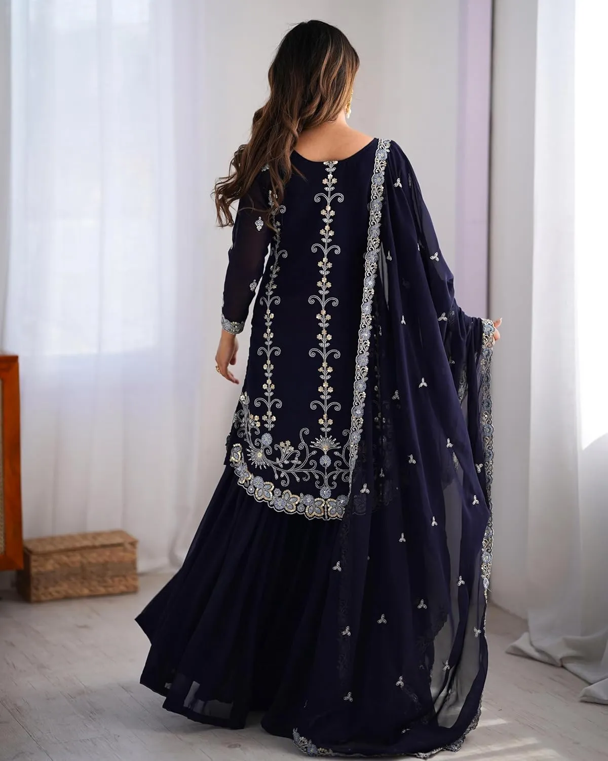 Women's Faux Georgette Embroidered Sharara Suit Set with Dupatta | Thread & Sequins Work | Front-Back Work | Party Wear