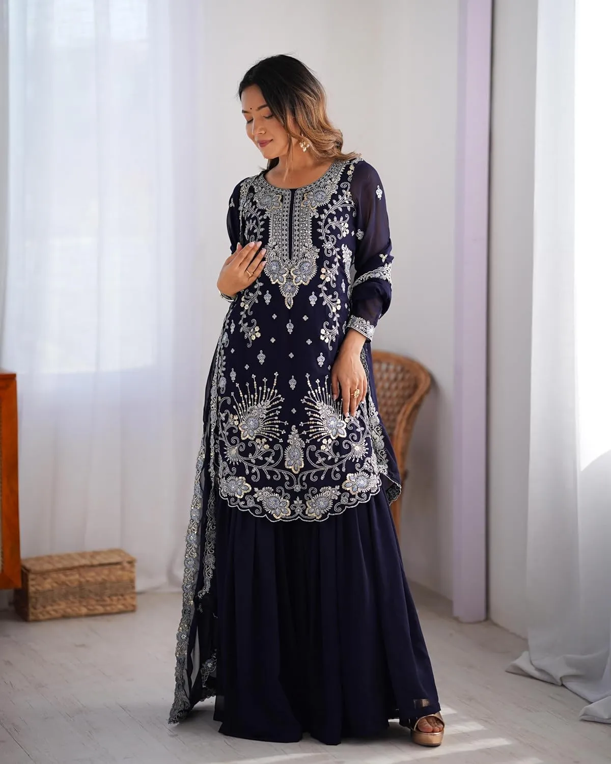 Women's Faux Georgette Embroidered Sharara Suit Set with Dupatta | Thread & Sequins Work | Front-Back Work | Party Wear