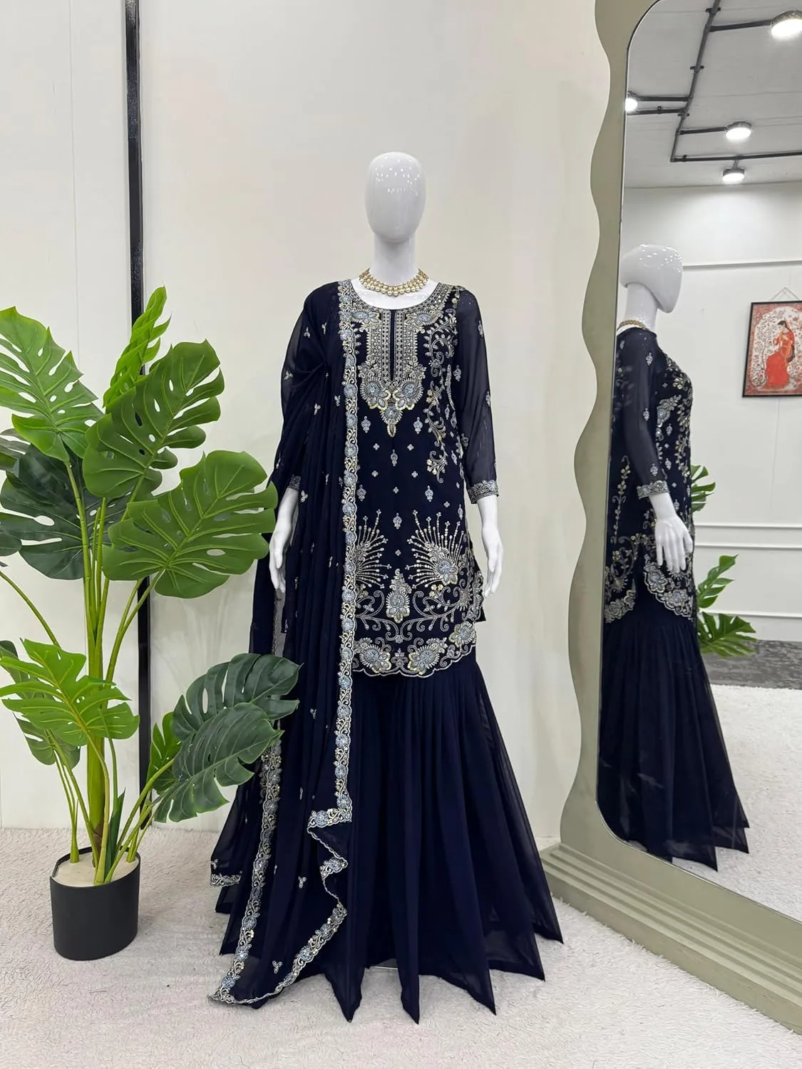 Women's Faux Georgette Embroidered Sharara Suit Set with Dupatta | Thread & Sequins Work | Front-Back Work | Party Wear