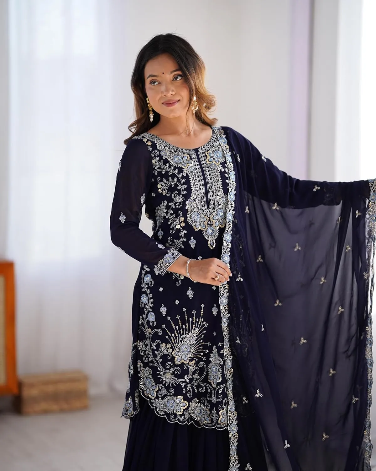 Women's Faux Georgette Embroidered Sharara Suit Set with Dupatta | Thread & Sequins Work | Front-Back Work | Party Wear
