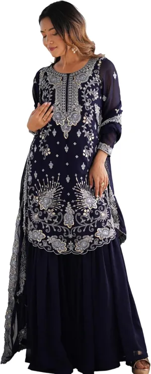 Women's Faux Georgette Embroidered Sharara Suit Set with Dupatta | Thread & Sequins Work | Front-Back Work | Party Wear