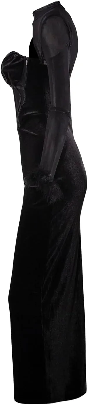 Women's Feather Long Sleeve Bodycon Maxi Dress Mesh Velvet Hollow Out Bandage Dress Cocktail Club Party Outfits