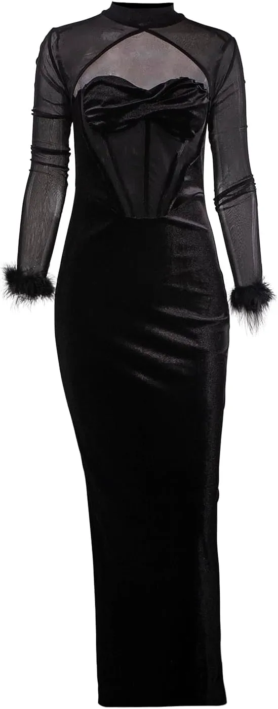 Women's Feather Long Sleeve Bodycon Maxi Dress Mesh Velvet Hollow Out Bandage Dress Cocktail Club Party Outfits