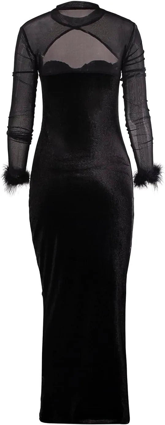 Women's Feather Long Sleeve Bodycon Maxi Dress Mesh Velvet Hollow Out Bandage Dress Cocktail Club Party Outfits