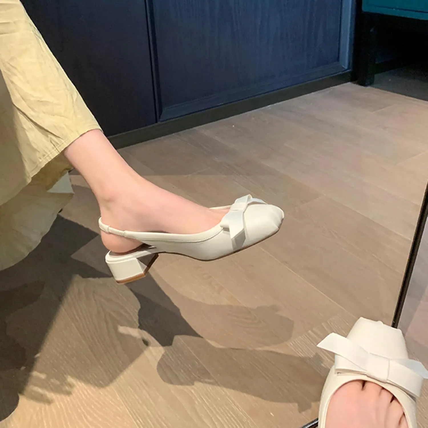 Women's Genuine Leather Bow Tie Low Chunky Block Heel Pumps Fashion Closed Square Toe Slingback Slip On Work Pumps Wedding Party Business Dress Shoes