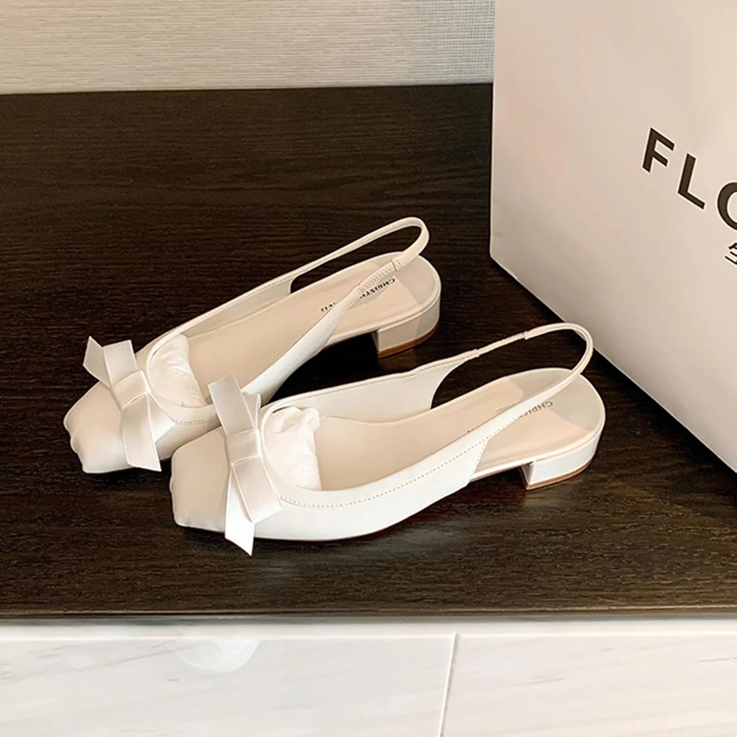Women's Genuine Leather Bow Tie Low Chunky Block Heel Pumps Fashion Closed Square Toe Slingback Slip On Work Pumps Wedding Party Business Dress Shoes