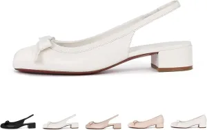 Women's Genuine Leather Bow Tie Low Chunky Block Heel Pumps Fashion Closed Square Toe Slingback Slip On Work Pumps Wedding Party Business Dress Shoes