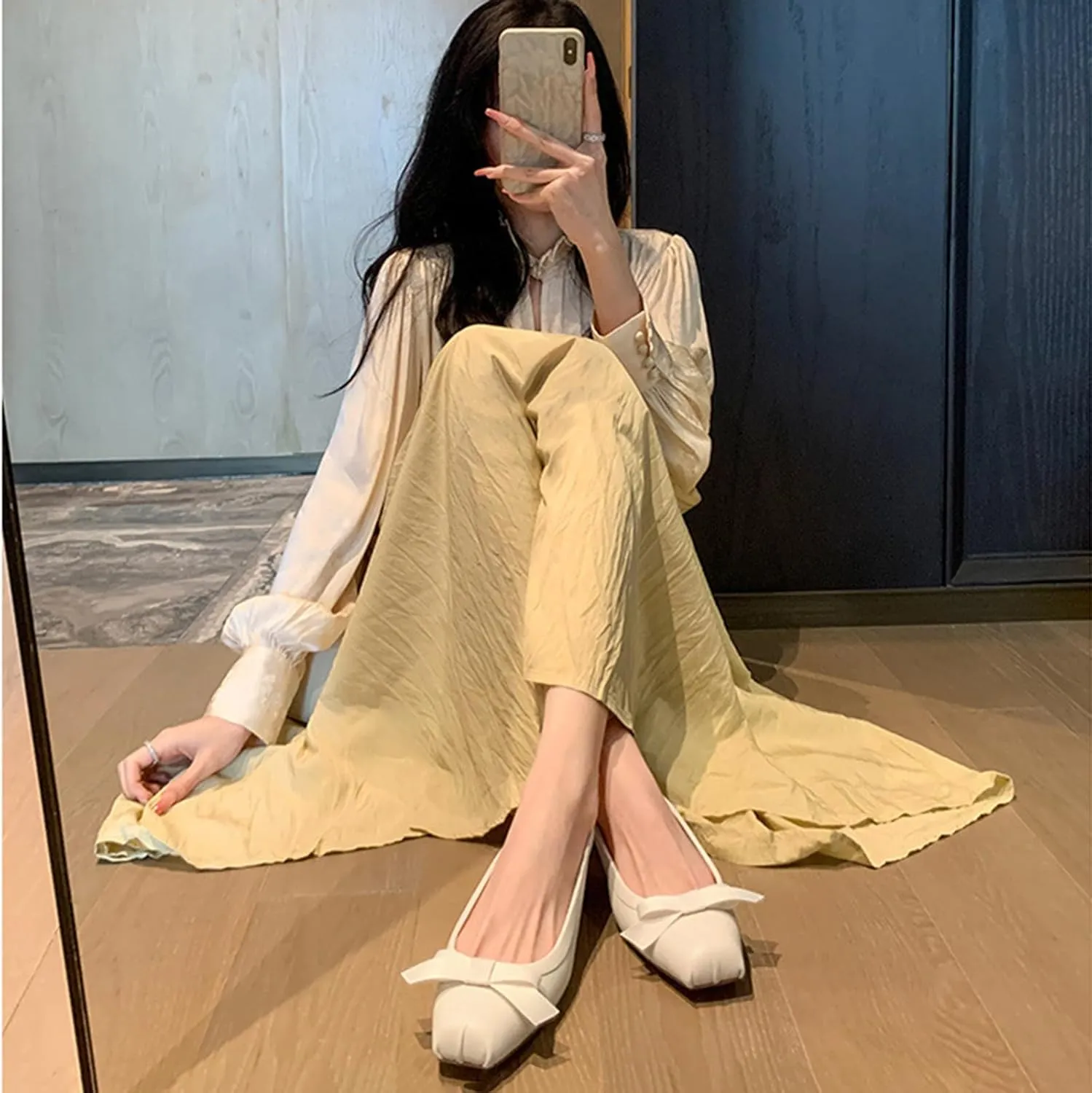 Women's Genuine Leather Bow Tie Low Chunky Block Heel Pumps Fashion Closed Square Toe Slingback Slip On Work Pumps Wedding Party Business Dress Shoes