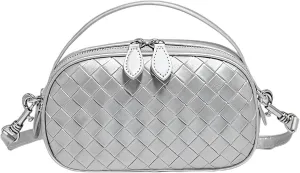 Women's Genuine Leather Crossbody Bag - Small Adjustable Strap Woven Purse, Multi-Pocket Handbag for Everyday Use