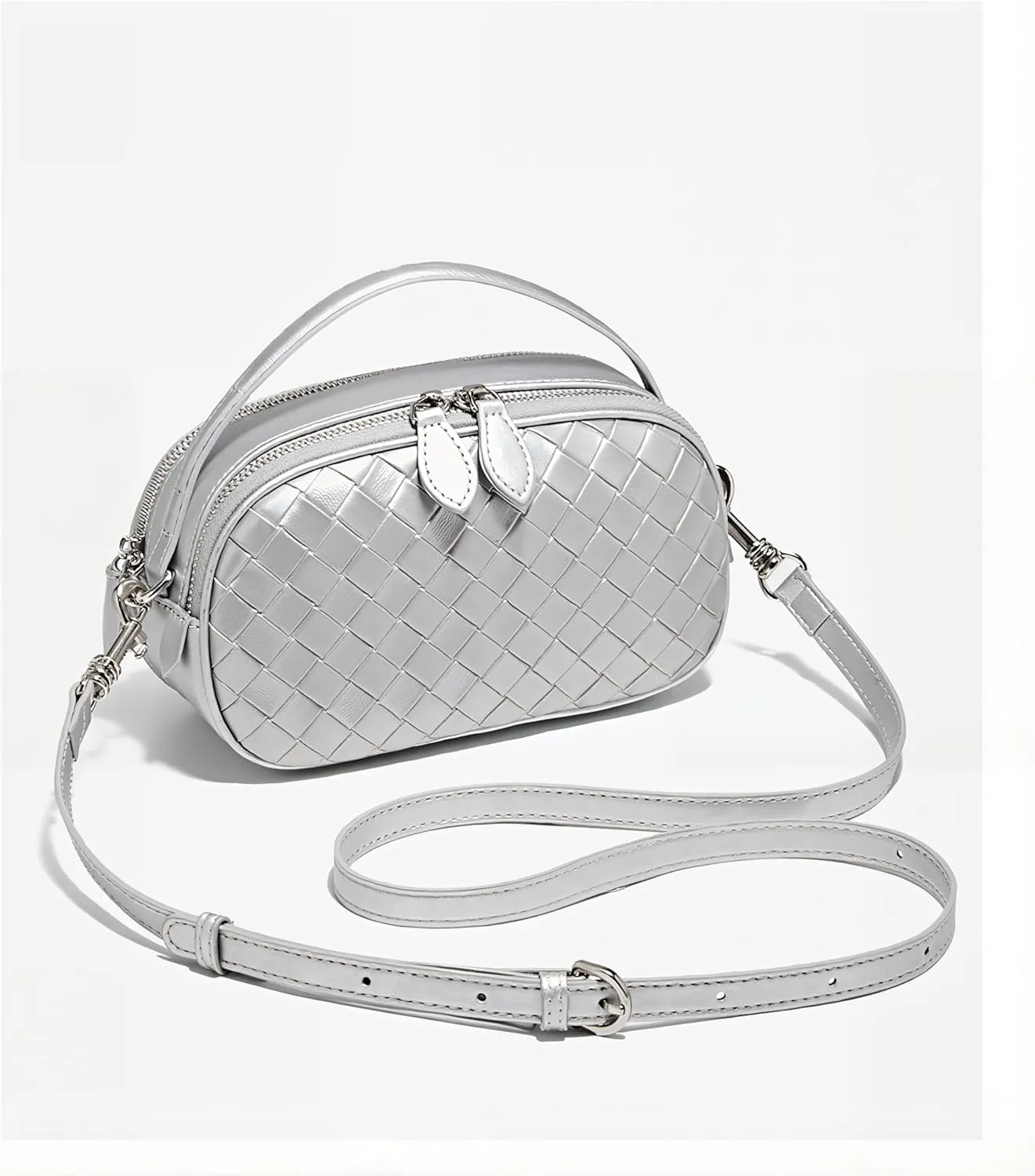 Women's Genuine Leather Crossbody Bag - Small Adjustable Strap Woven Purse, Multi-Pocket Handbag for Everyday Use
