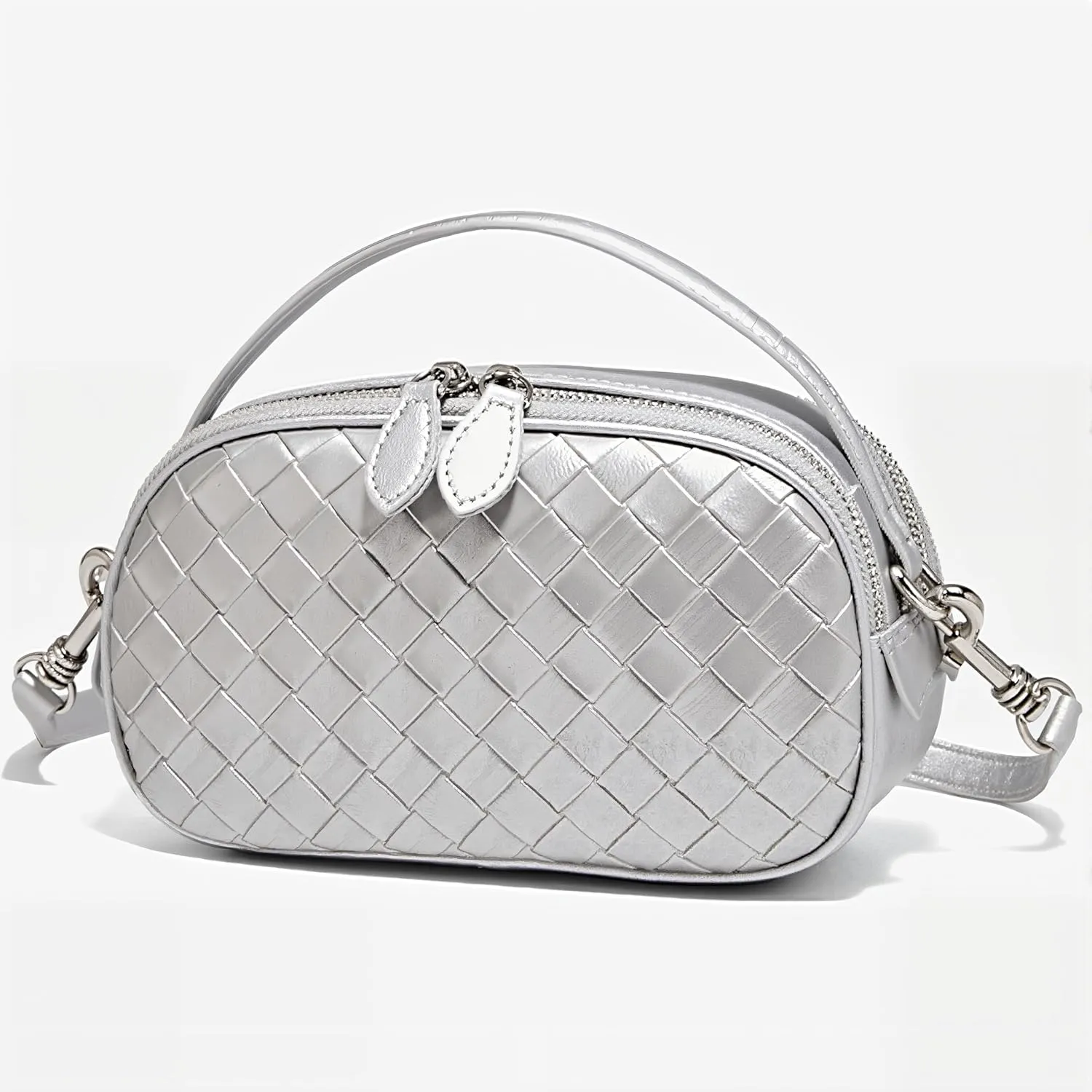 Women's Genuine Leather Crossbody Bag - Small Adjustable Strap Woven Purse, Multi-Pocket Handbag for Everyday Use
