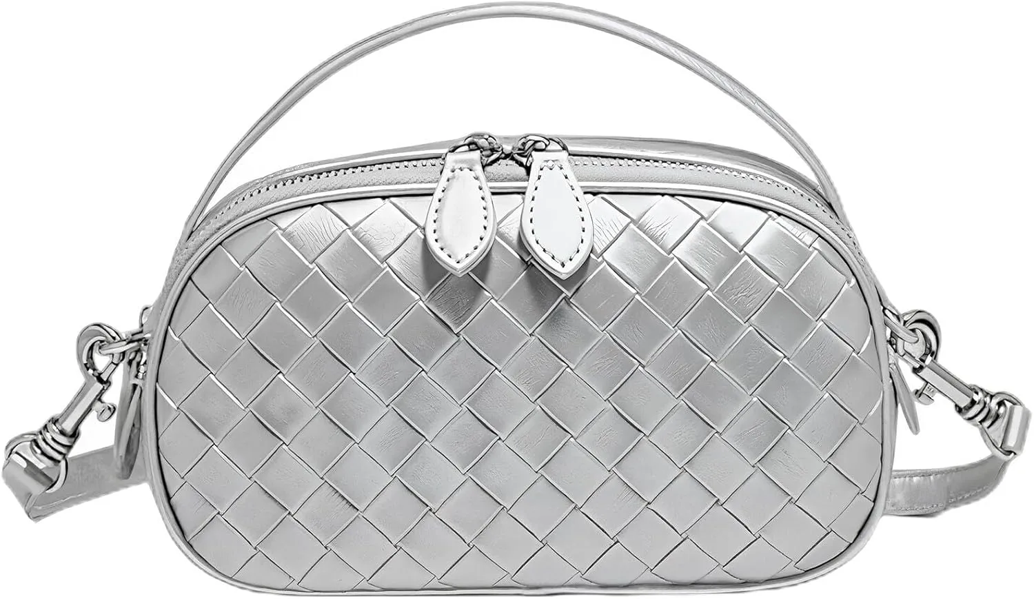 Women's Genuine Leather Crossbody Bag - Small Adjustable Strap Woven Purse, Multi-Pocket Handbag for Everyday Use