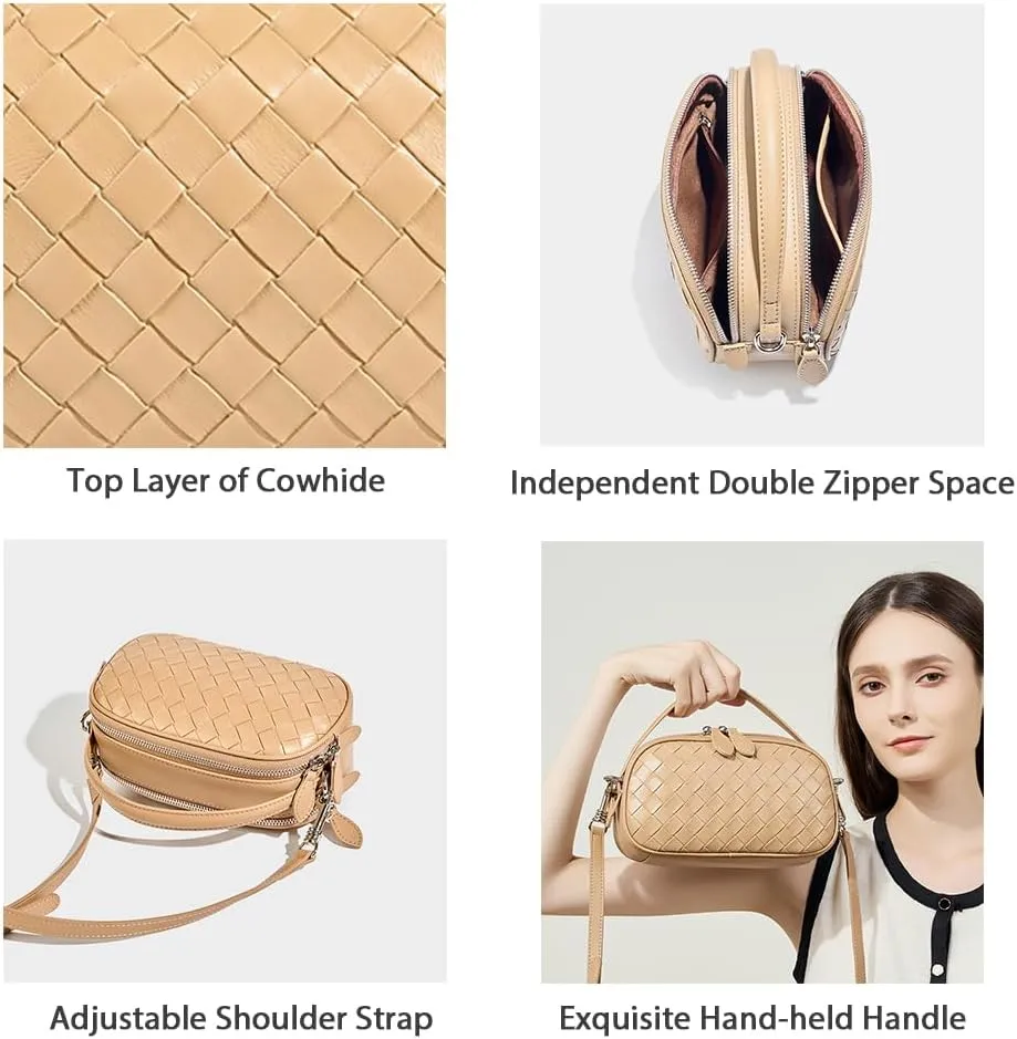 Women's Genuine Leather Crossbody Bag - Small Adjustable Strap Woven Purse, Multi-Pocket Handbag for Everyday Use