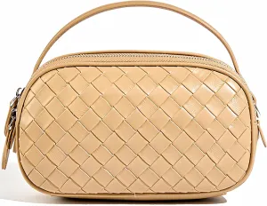 Women's Genuine Leather Crossbody Bag - Small Adjustable Strap Woven Purse, Multi-Pocket Handbag for Everyday Use