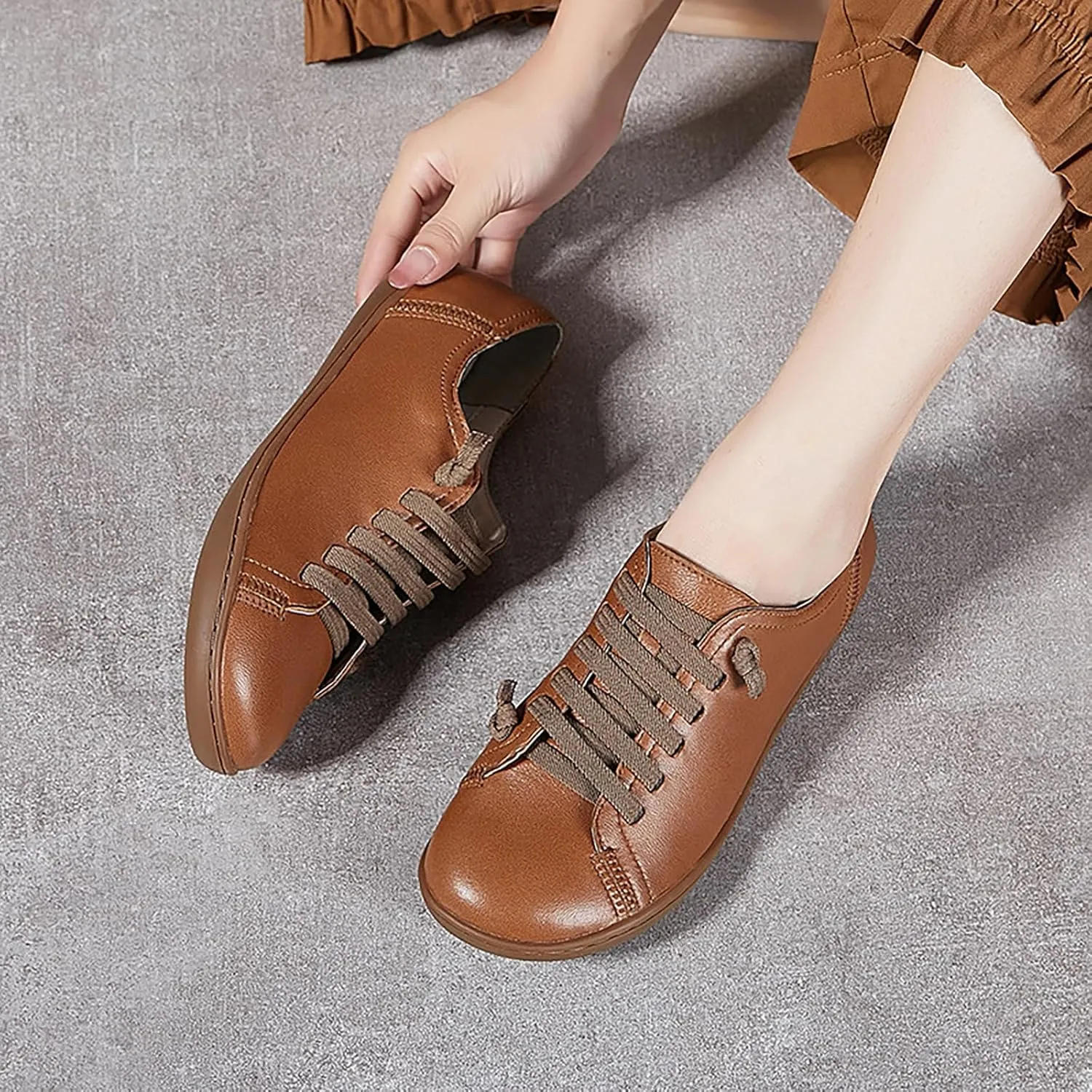 Women'S Genuine Leather Lace-Up Casual Barefoot Shoes Comfort Widen Round Toe Zero Drop Lightweight Soft Bottom Sneakers Leisure Office Work Non-Slip Dress Shoes