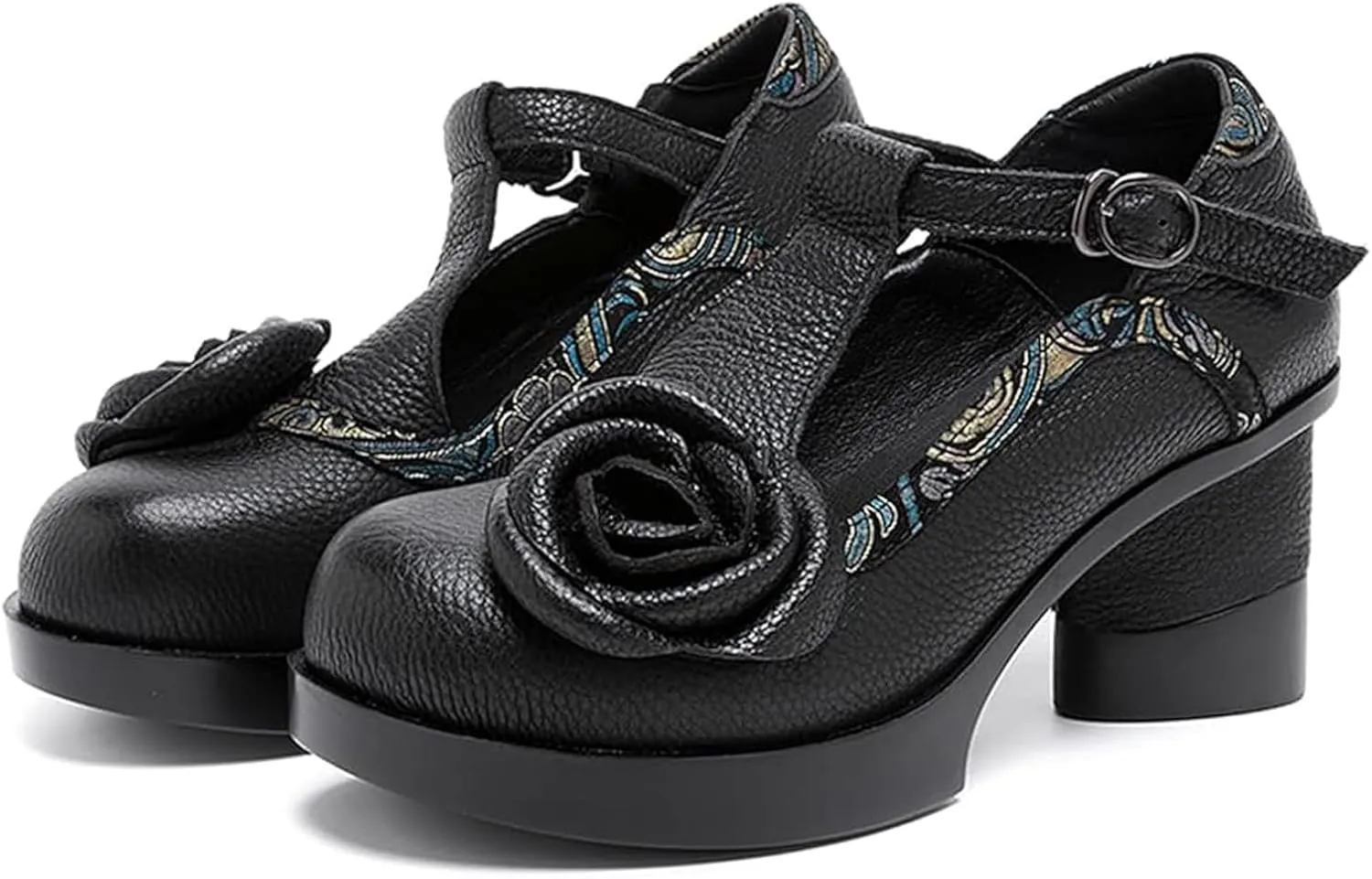 Women's Genuine Leather Mary Jane Chunky Heel Shoes Classic Round Toe Flowers T Strap Mid Block Heel Dress Pumps Grace Party Wedding Bridal Shoes