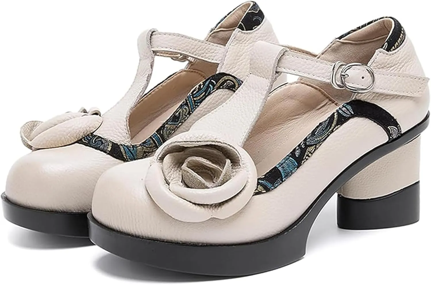 Women's Genuine Leather Mary Jane Chunky Heel Shoes Classic Round Toe Flowers T Strap Mid Block Heel Dress Pumps Grace Party Wedding Bridal Shoes