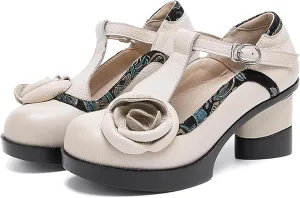 Women's Genuine Leather Mary Jane Chunky Heel Shoes Classic Round Toe Flowers T Strap Mid Block Heel Dress Pumps Grace Party Wedding Bridal Shoes