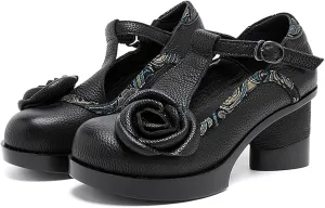 Women's Genuine Leather Mary Jane Chunky Heel Shoes Classic Round Toe Flowers T Strap Mid Block Heel Dress Pumps Grace Party Wedding Bridal Shoes