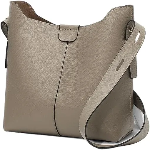 Women’s Genuine Pebbled Leather Bucket Bag, Soft Hobo Tote Handbag with Adjustable Shoulder Strap, Spacious Everyday Purse