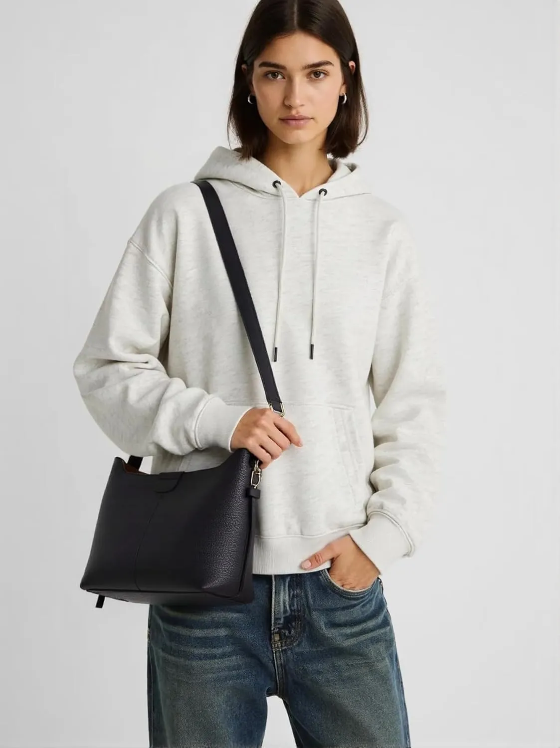 Women’s Genuine Pebbled Leather Bucket Bag, Soft Hobo Tote Handbag with Adjustable Shoulder Strap, Spacious Everyday Purse