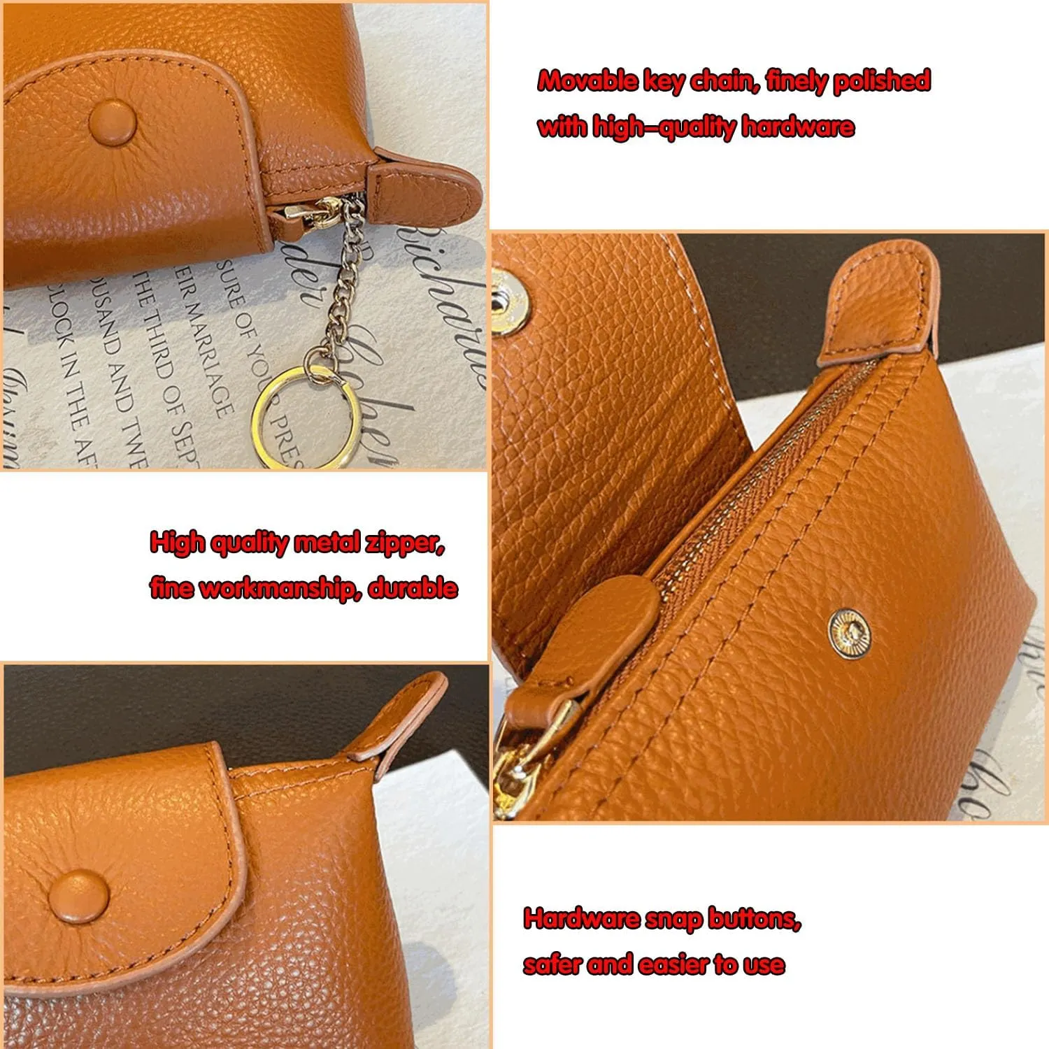 Women's Leather Mini Coin Purse with Keychain, Zipper Wallet, Coin Purse for Women