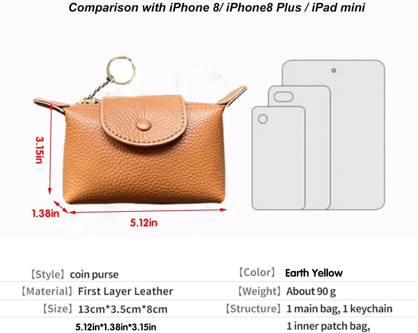 Women's Leather Mini Coin Purse with Keychain, Zipper Wallet, Coin Purse for Women