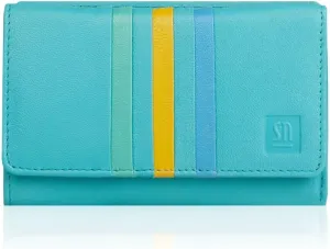 Women's Leather Purse, Colourful Genuine Leather Purse, Generous Purse, Blue - Yellow, Quiet Shade-Clematis Blue, 14 x 9.5 x 3 cm
