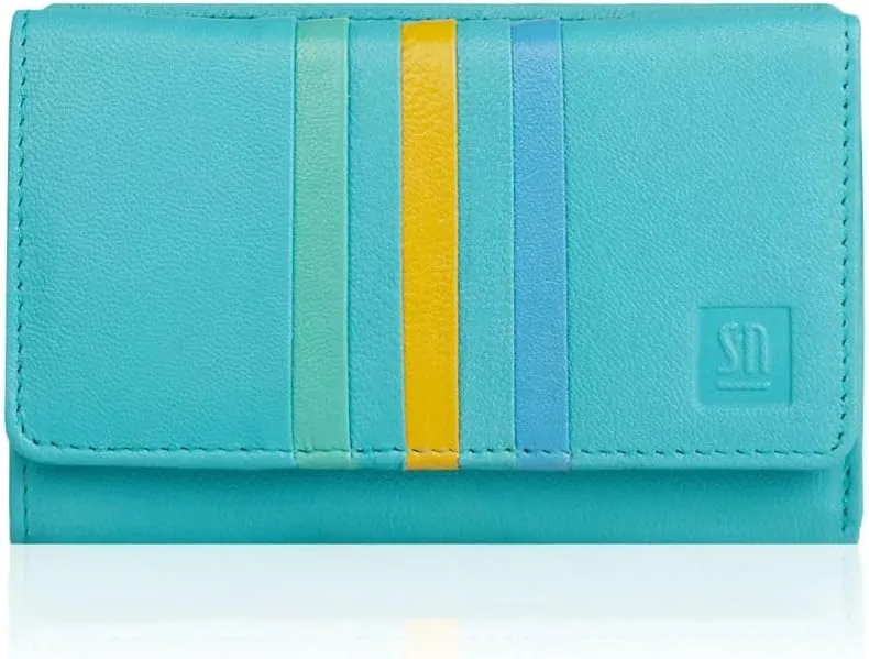 Women's Leather Purse, Colourful Genuine Leather Purse, Generous Purse, Blue - Yellow, Quiet Shade-Clematis Blue, 14 x 9.5 x 3 cm