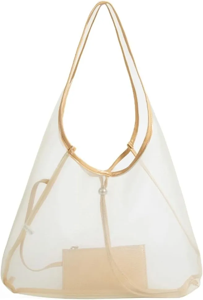 Women's Mesh Hobo Handbags With Purse 2pcs Breathable Nylon Shoulder Bag Fashion Lightweight Summer Beach Crescent Tote Bag
