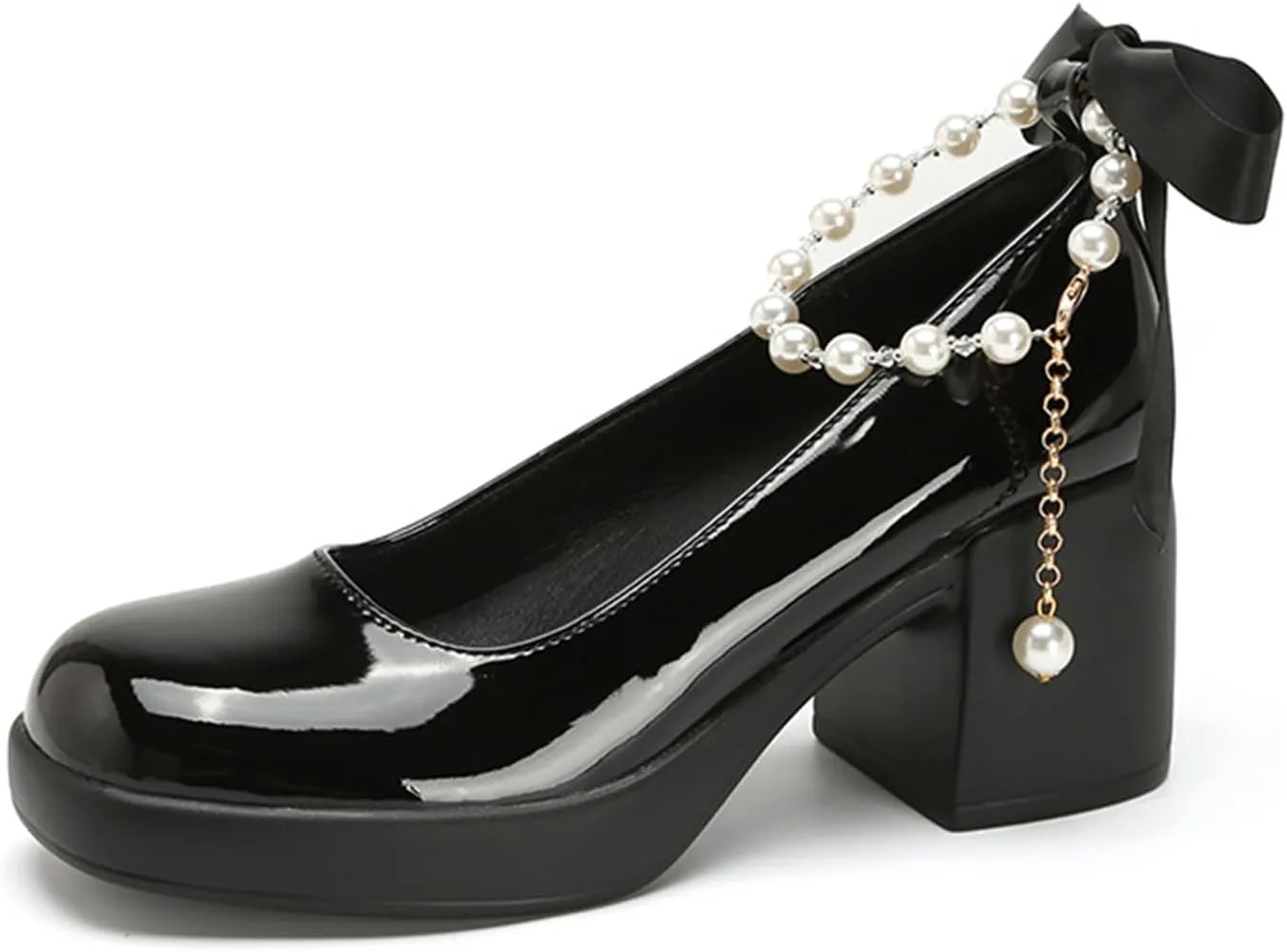 Women's Patent Leather Chunky Heel Formal Pumps with Pearl Chain Stylish Closed Round Toe Block Heel Slip-On Work Wedding Mary Jane Shoes for Business Wedding Walking