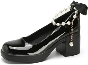 Women's Patent Leather Chunky Heel Formal Pumps with Pearl Chain Stylish Closed Round Toe Block Heel Slip-On Work Wedding Mary Jane Shoes for Business Wedding Walking