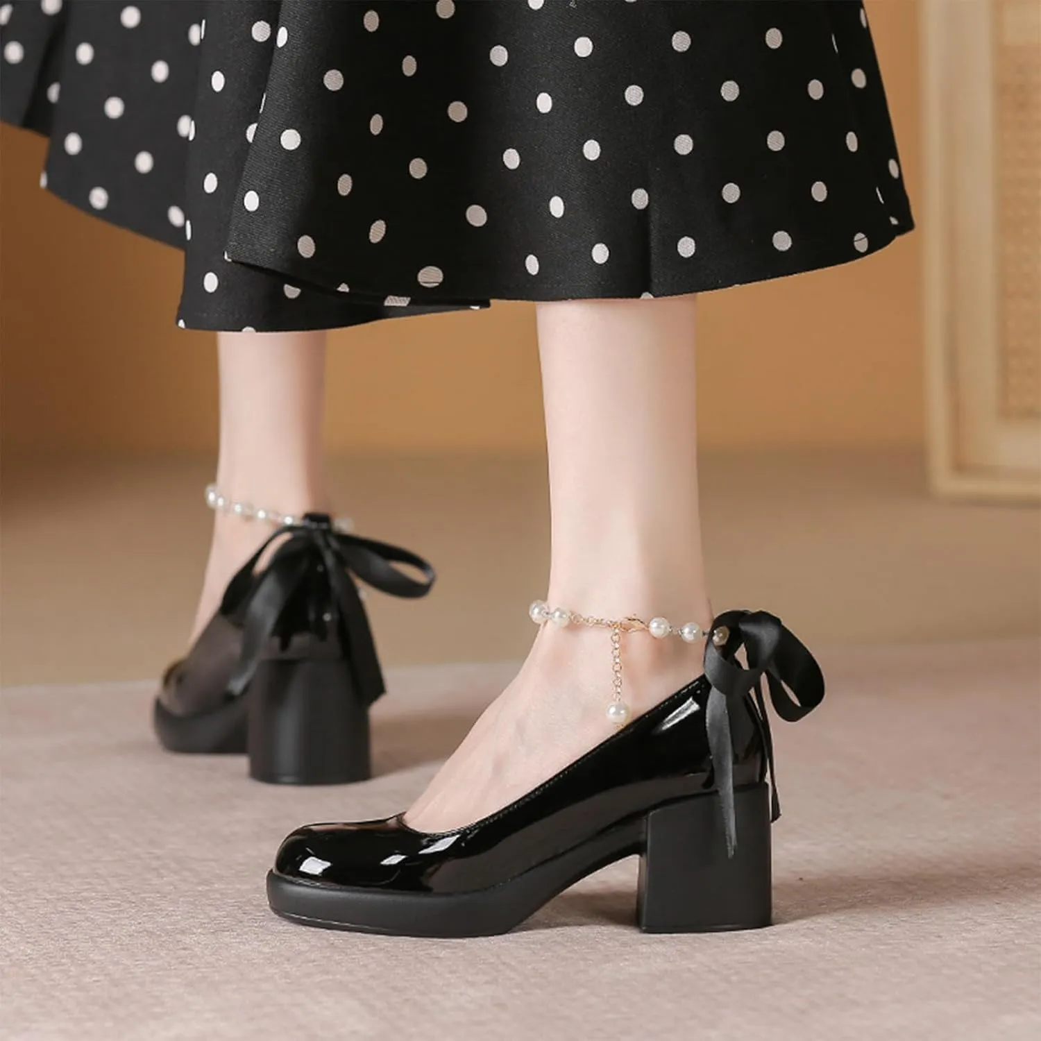 Women's Patent Leather Chunky Heel Formal Pumps with Pearl Chain Stylish Closed Round Toe Block Heel Slip-On Work Wedding Mary Jane Shoes for Business Wedding Walking