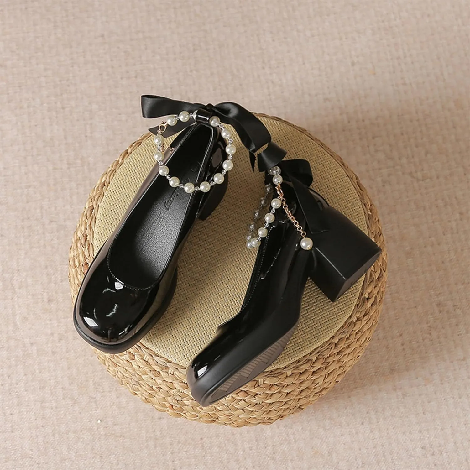 Women's Patent Leather Chunky Heel Formal Pumps with Pearl Chain Stylish Closed Round Toe Block Heel Slip-On Work Wedding Mary Jane Shoes for Business Wedding Walking