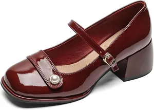 Women's Patent Leather Pearl Monk Strap Chunky Heel Mary Janes Fashion Square Toe Ankle Strap Mid Block Heel Business Formal Pumps Grace Wedding Prom Party Dress Shoes