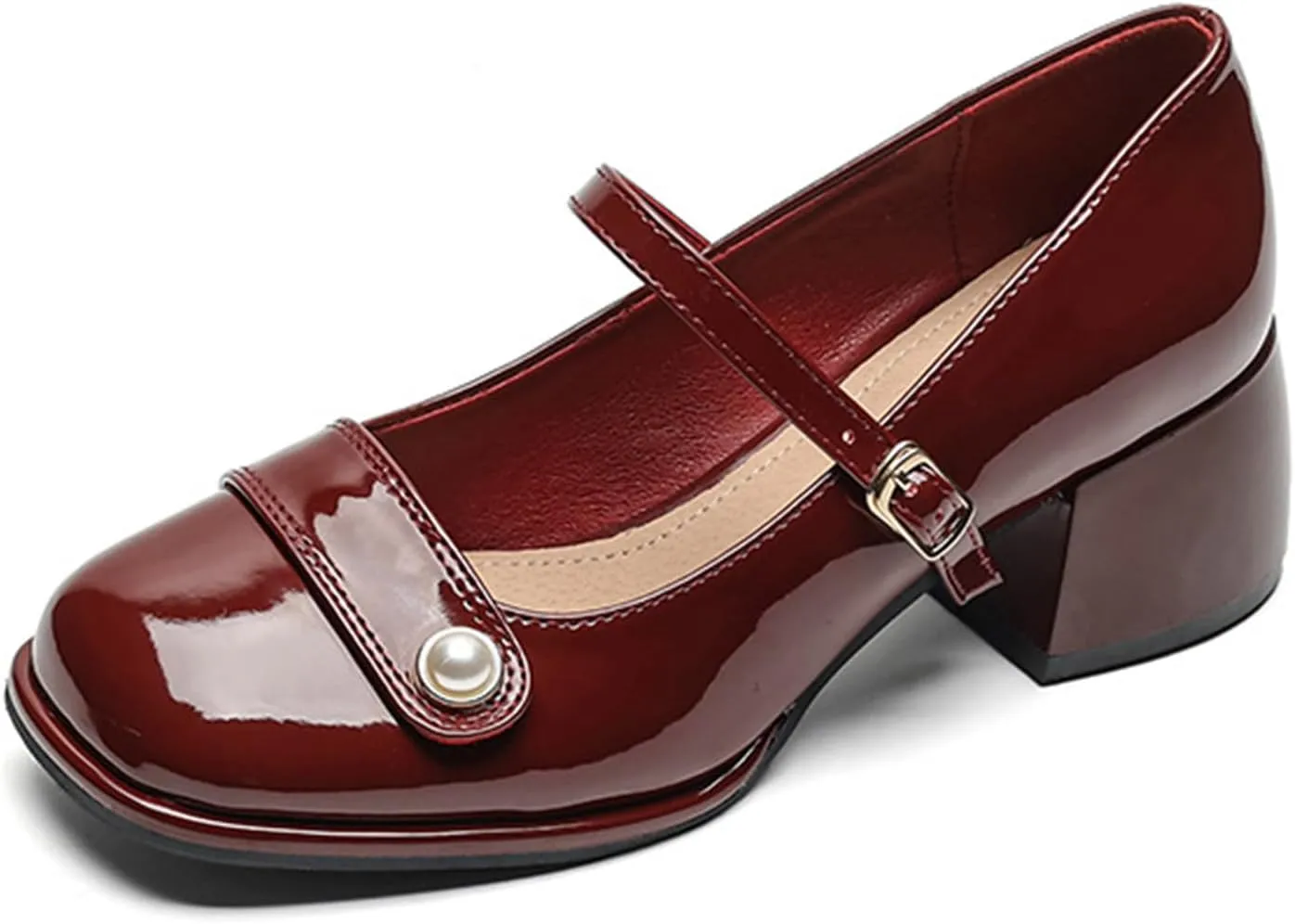 Women's Patent Leather Pearl Monk Strap Chunky Heel Mary Janes Fashion Square Toe Ankle Strap Mid Block Heel Business Formal Pumps Grace Wedding Prom Party Dress Shoes