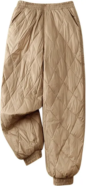 Women's Puffer Snow Pants Quilted Wide Leg Winter Diamond Sweatpants High Waisted Warm Ski Trousers with Pockets