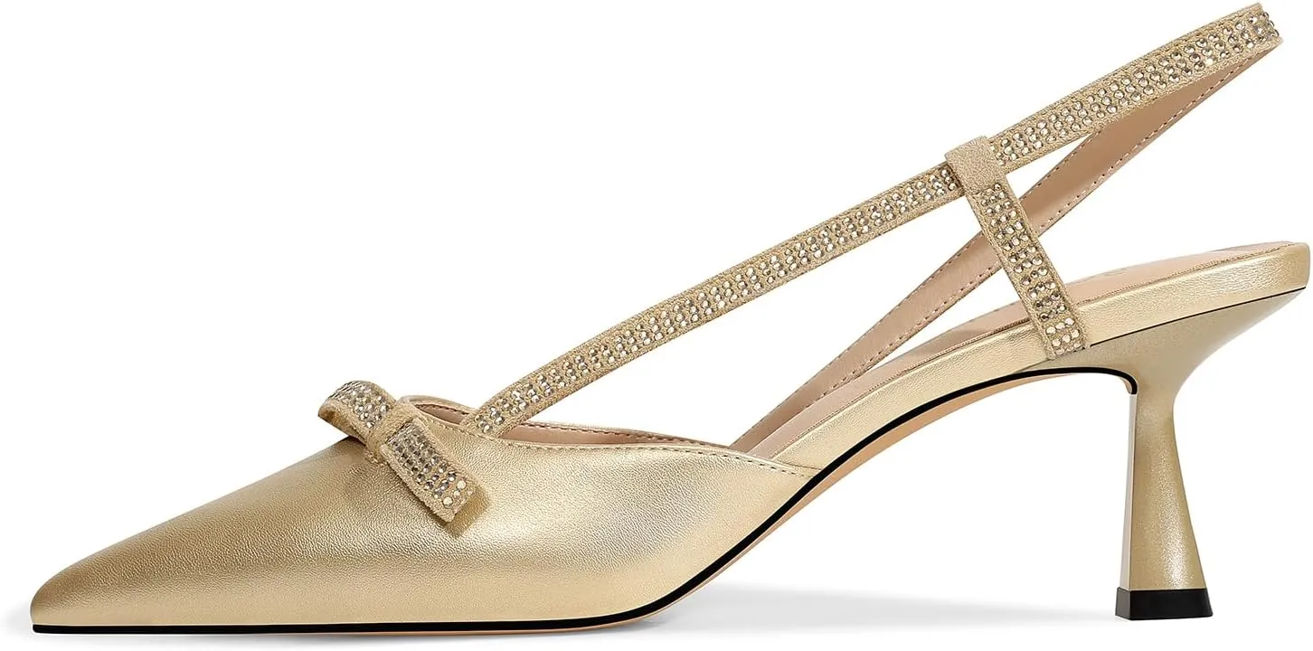 Women's Pumps Kitten Heels Closed Toe Rhinestone Slingback Pointed Toe Dress Shoes for Women Low Heel Bow Tie Comfortable Bridal Wedding Prom