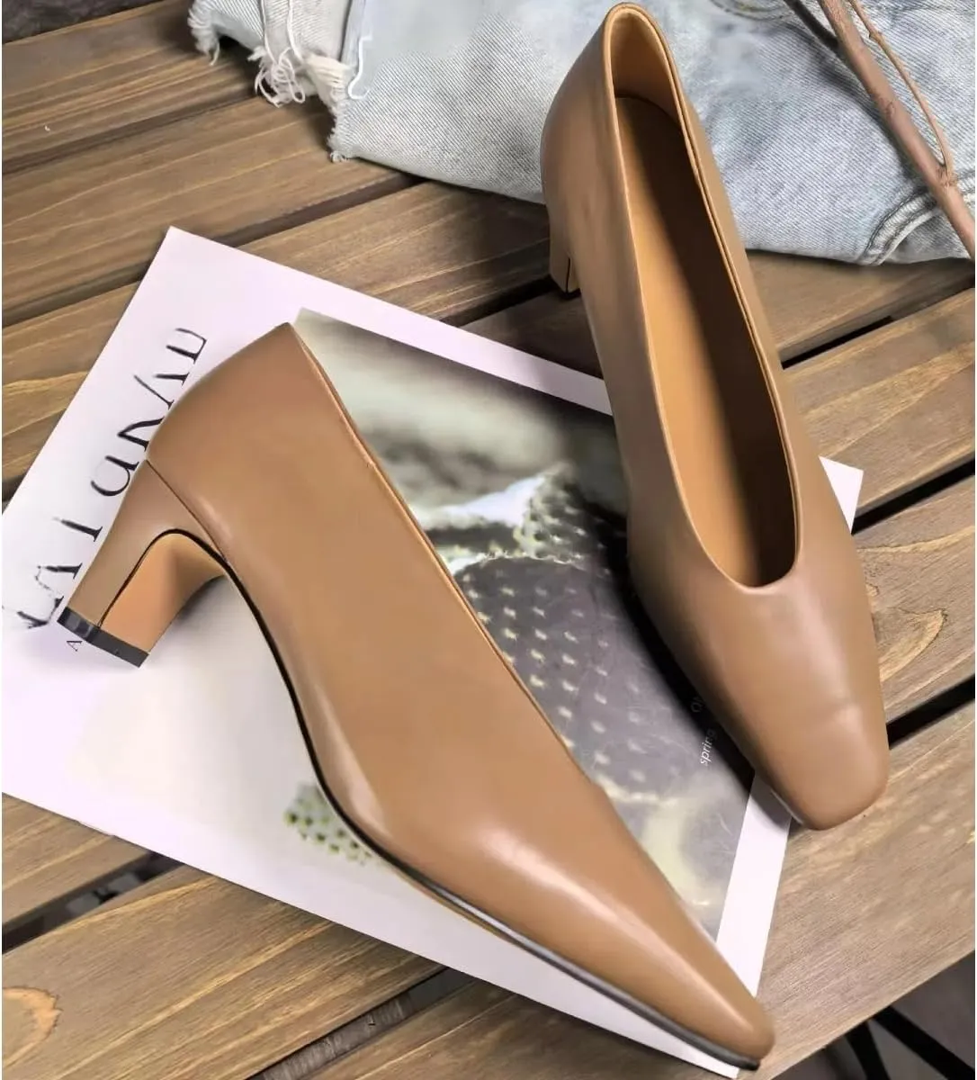 Women's Retro Pumps Chunky Block Heel Genuine Leather Shoes Matte Silk Lining Office Closed Toe Heels for Comfort