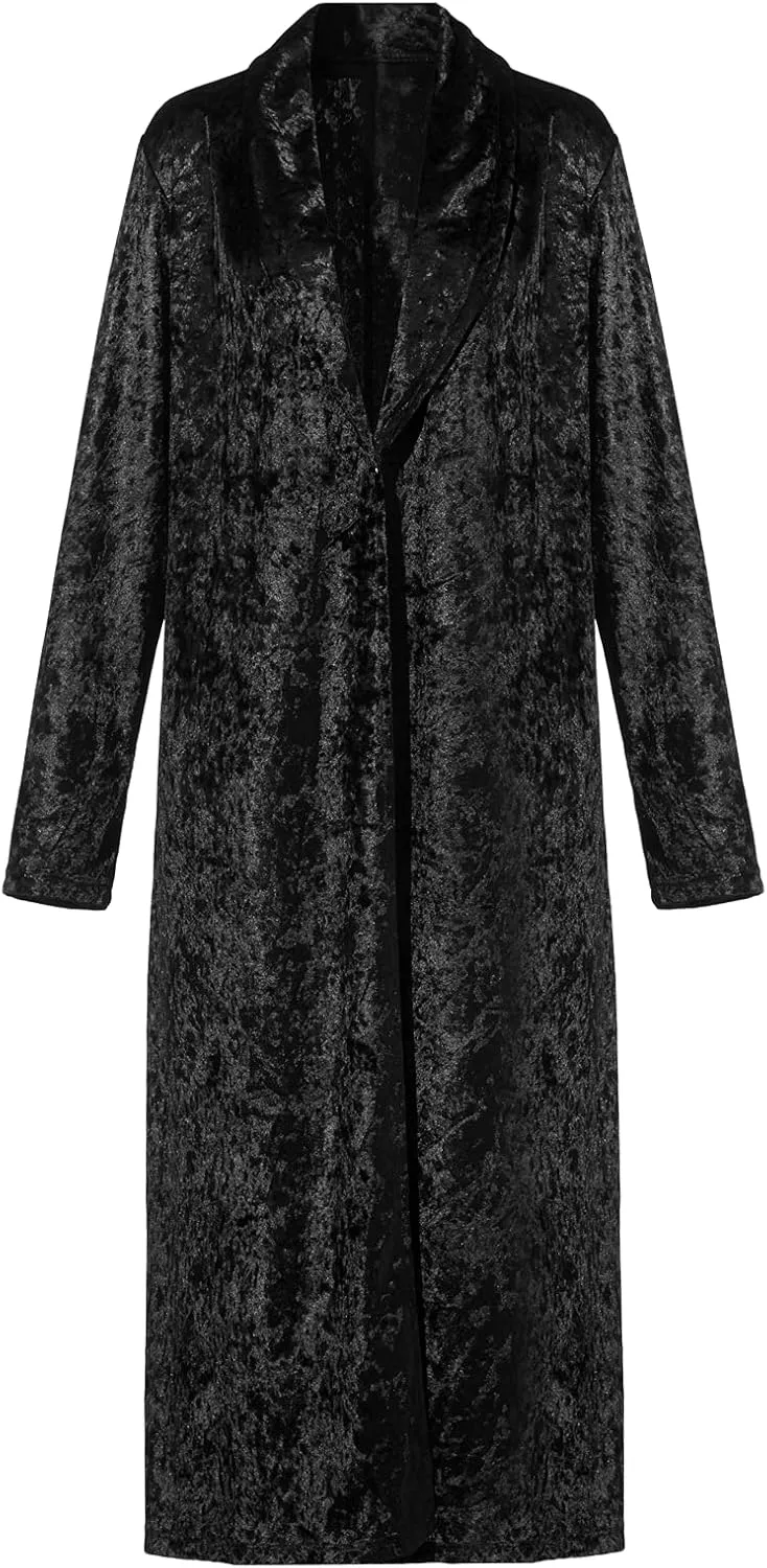 Women's Velvet Lapel Collar Open Front Long Cardigan Trench Coat