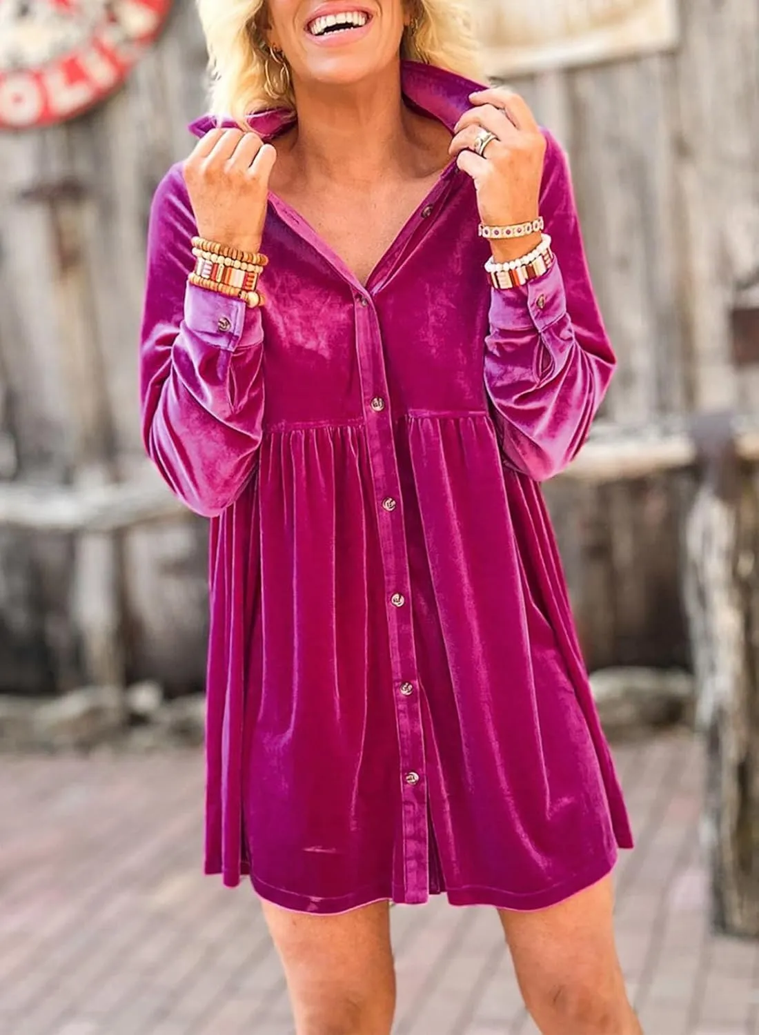 Women's Velvet Mini Dress Long Sleeve Button Down Shirt Short Dress Ruffle Fall Lapel Babydoll Dresses