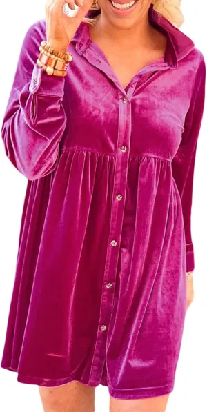 Women's Velvet Mini Dress Long Sleeve Button Down Shirt Short Dress Ruffle Fall Lapel Babydoll Dresses