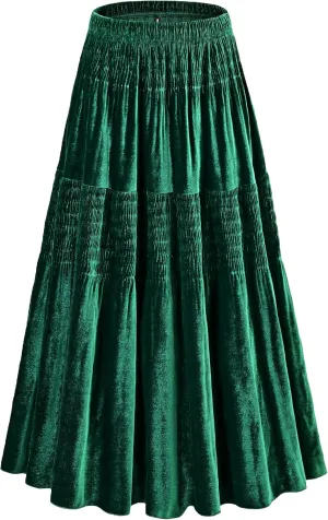 Women's Velvet Pleated Midi Skirt Elastic High Waist Fall Winter Tiered A-Line Party Long Skirts