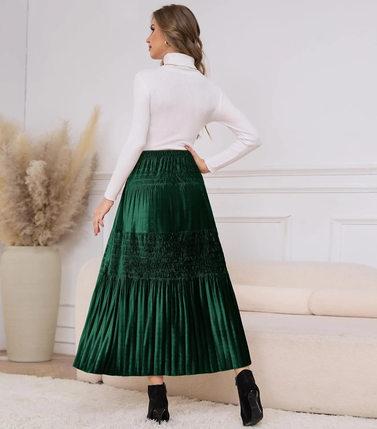 Women's Velvet Pleated Midi Skirt Elastic High Waist Fall Winter Tiered A-Line Party Long Skirts