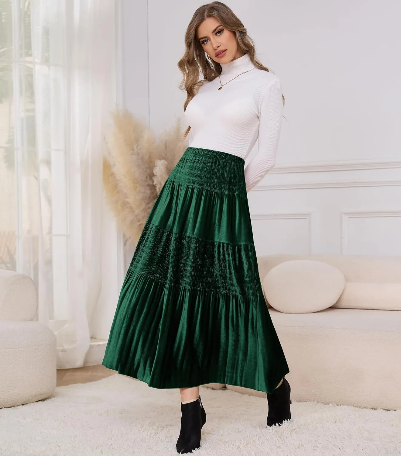 Women's Velvet Pleated Midi Skirt Elastic High Waist Fall Winter Tiered A-Line Party Long Skirts
