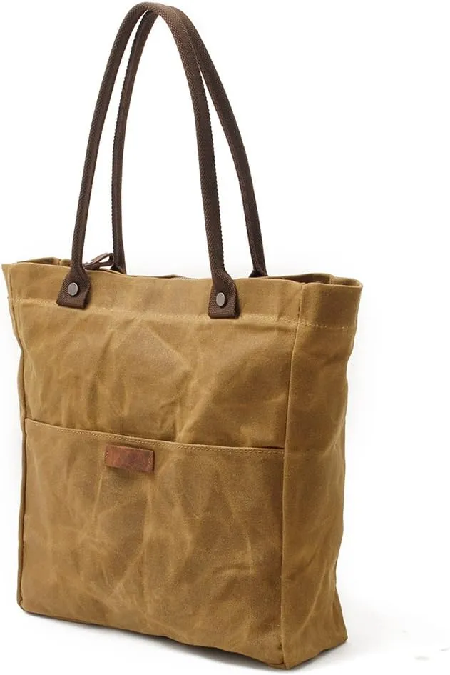 Women's Waxed Canvas Tote Bag with Genuine Leather Trim, Water-Repellent Shoulder Purse for Work & Travel, Fits 14" Laptop