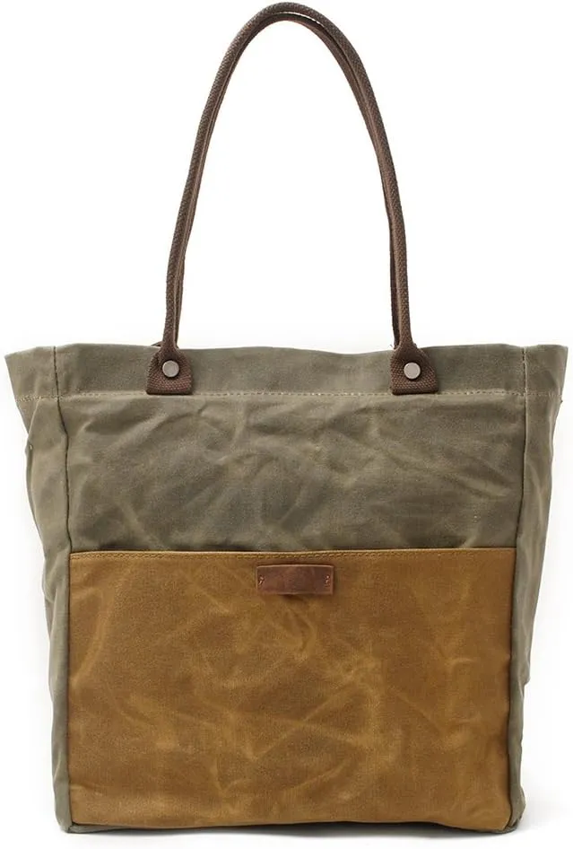 Women's Waxed Canvas Tote Bag with Genuine Leather Trim, Water-Repellent Shoulder Purse for Work & Travel, Fits 14" Laptop