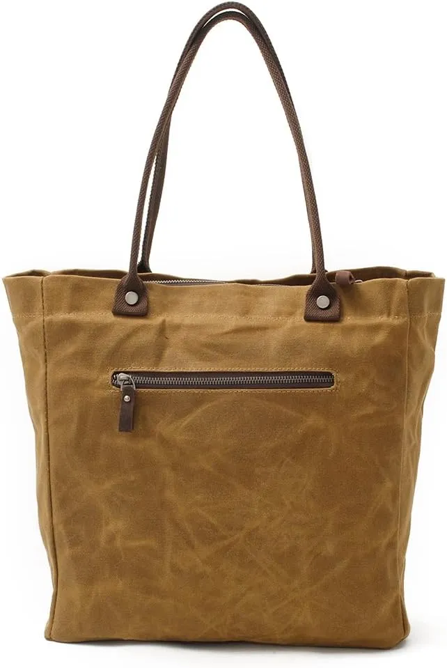 Women's Waxed Canvas Tote Bag with Genuine Leather Trim, Water-Repellent Shoulder Purse for Work & Travel, Fits 14" Laptop