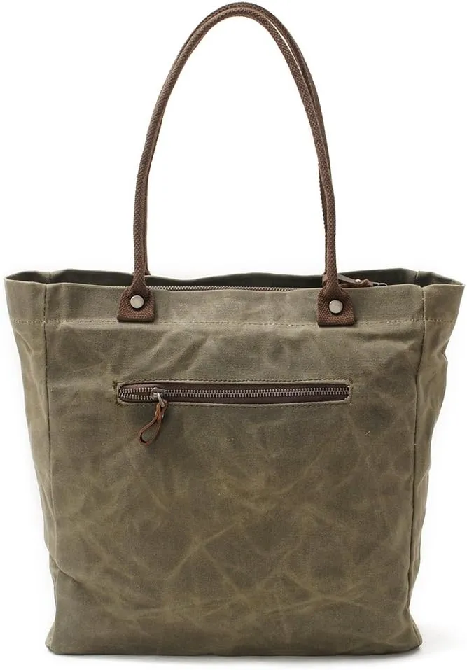 Women's Waxed Canvas Tote Bag with Genuine Leather Trim, Water-Repellent Shoulder Purse for Work & Travel, Fits 14" Laptop